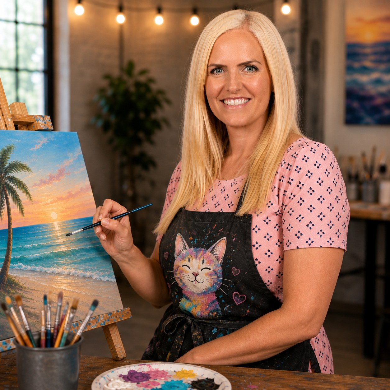 Melanie, your Melanie's Canvas and Cocktails host, painting at her easel